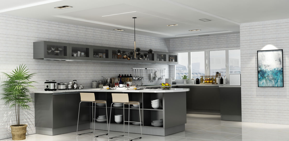 modern kitchen with grey cabinets