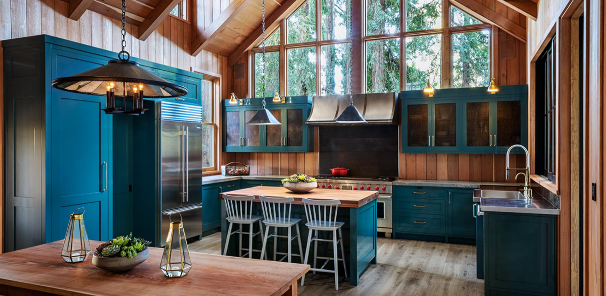 kitchen with navy cabinets